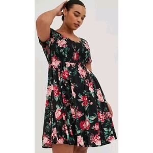 Torrid 3X Smocked Black & Pink Floral Fit‑and‑Flare Skater Dress – EUC